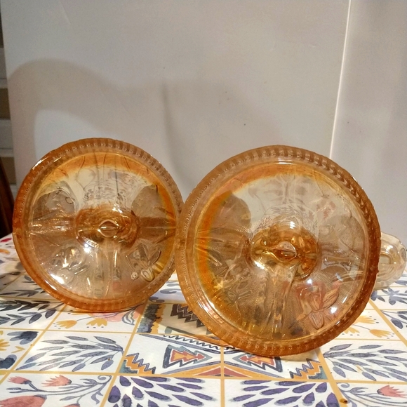 Vtg Depression Carnival Glass Iris Flowers Orange Marigold Candle Holders - Picture 6 of 11
